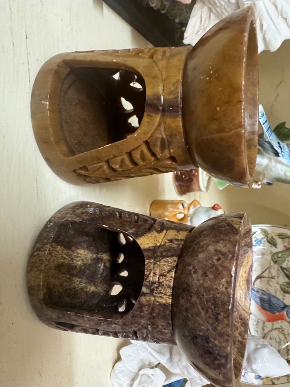 Handcarved Brown Stone Oil Burners - Pair